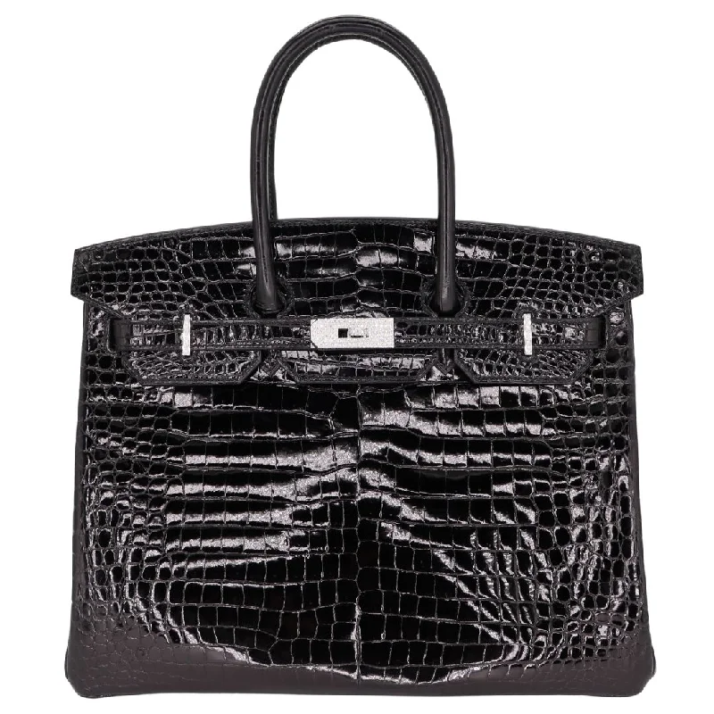 Hermes Birkin Bags with a Leather - Bound Handle for DurabilityHermès 35cm Birkin Black Shiny Porosus Crocodile White Gold Diamond Hardware