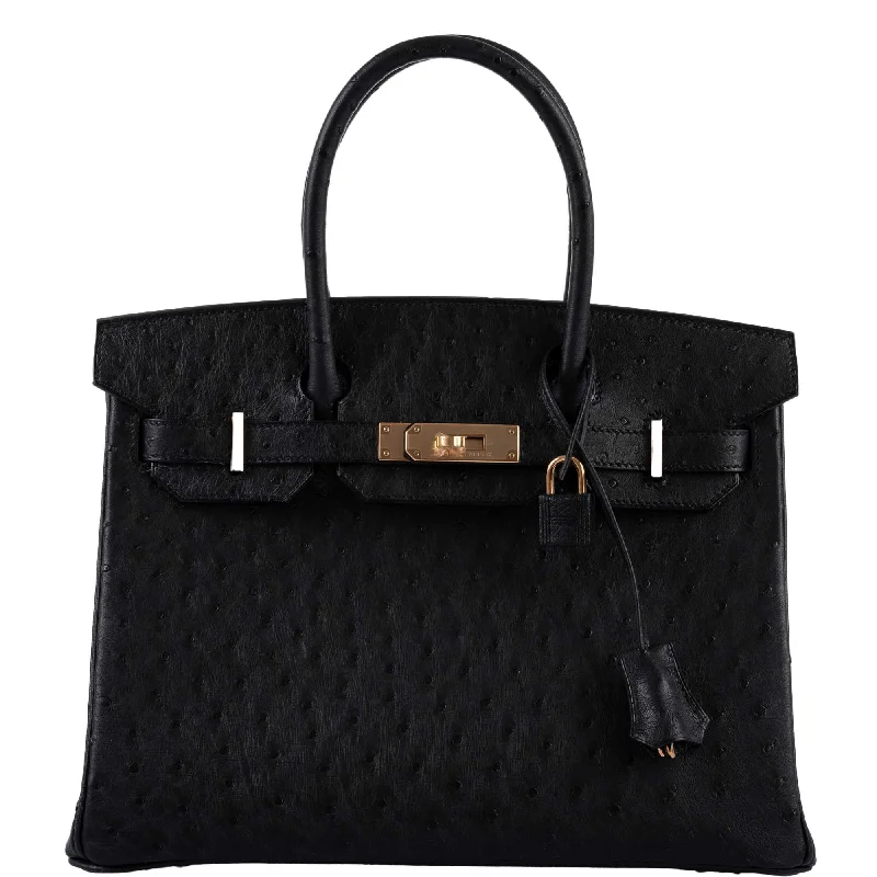 Hermes Birkin Bags with a Contrast - Stitched Handle for Added StyleHermès Birkin 30 Black Ostrich with Rose Gold Hardware