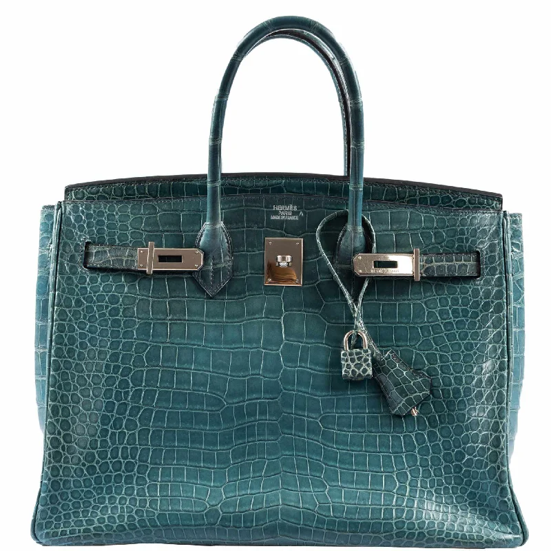 Hermes Birkin Bags with a Hand - Embroidered Floral PatternHermès Birkin 35 Blue Jean Porosus Crocodile Palladium Hardware