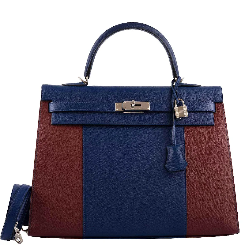 Hermès Kelly Bags with an embossed leather pattern for added textureHermès Flag Kelly 35 Sellier Blue Saphir & Rouge H Epsom Palladium Hardware - 2014, R Square