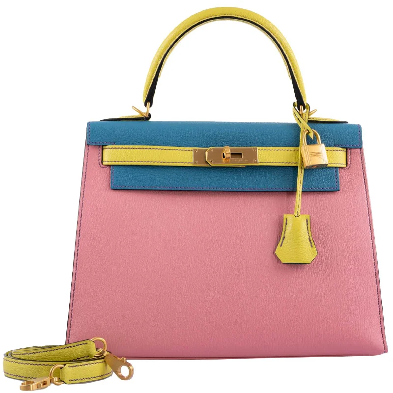 Hermès Kelly Bags in a soft pastel yellow for a fresh and feminine lookHermès HSS Kelly 28 Sellier Tri-Color Rose Confetti, Lime & Blue Aztec Chevre with Brushed Gold Hardware - 2019, D