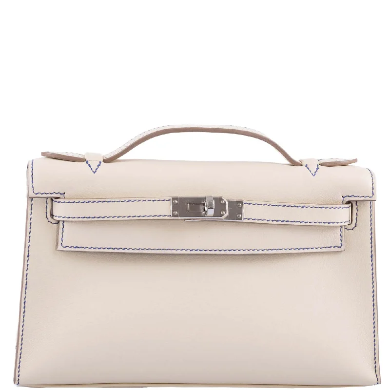 Hermès Kelly Bags in a metallic silver for a glamorous touchHermès HSS Kelly Pochette Craie & Blue Electric Swift with Palladium Hardware - 2021, Z