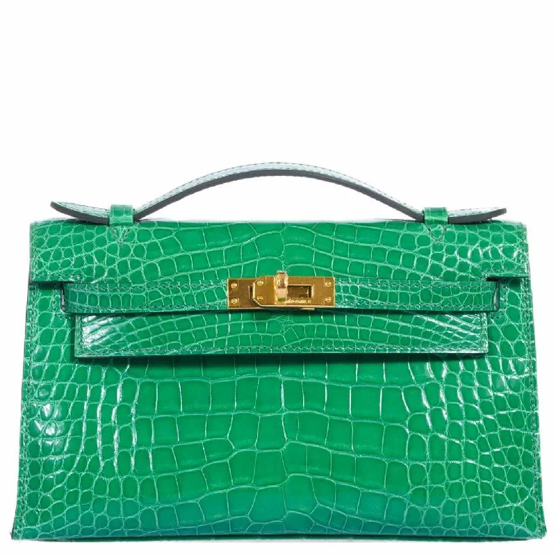 Hermès Kelly Bags in classic black Swift leather for timeless eleganceHermès JPG Kelly Pochette Cactus Emerald Alligator Gold Hardware