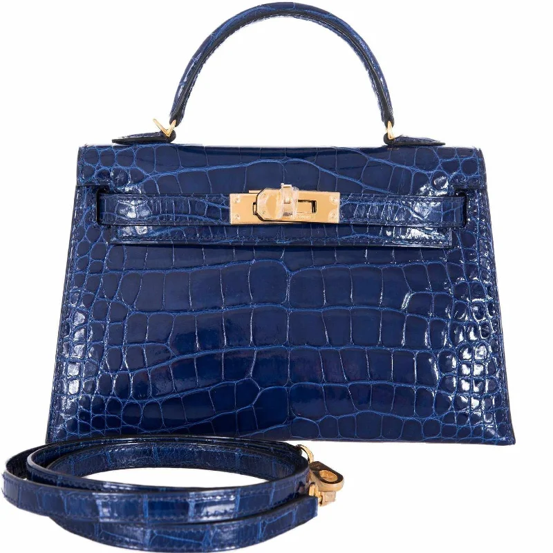 Hermès Kelly Bags with a hand - burnished edge finish for a vintage charmHermès Kelly 20 Blue Sapphire Crocodile Gold Hardware