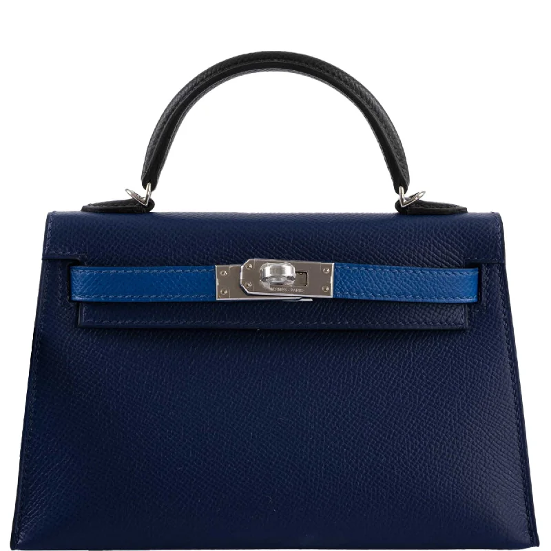 Hermès Kelly Bags with a detachable mirror insideHermès Tricolor Mini Kelly 20 Bleu Saphir, France, and Black Epsom Palladium Hardware