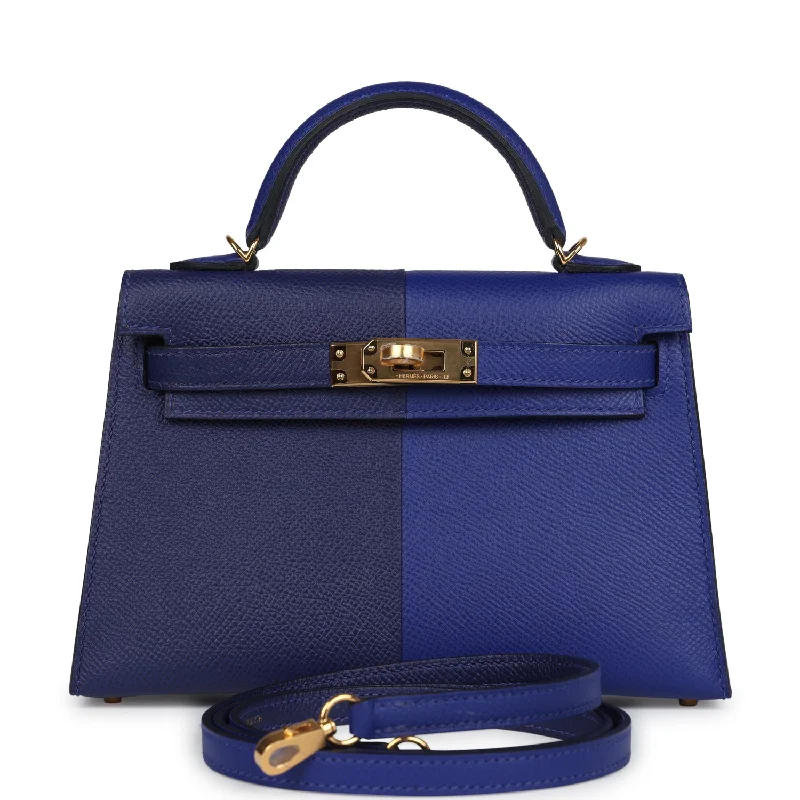 Hermès Kelly Bags featuring hand - painted floral motifsHermes Casaque Kelly Sellier 20 Bleu Electric and Bleu Encre Epsom Gold Hardware