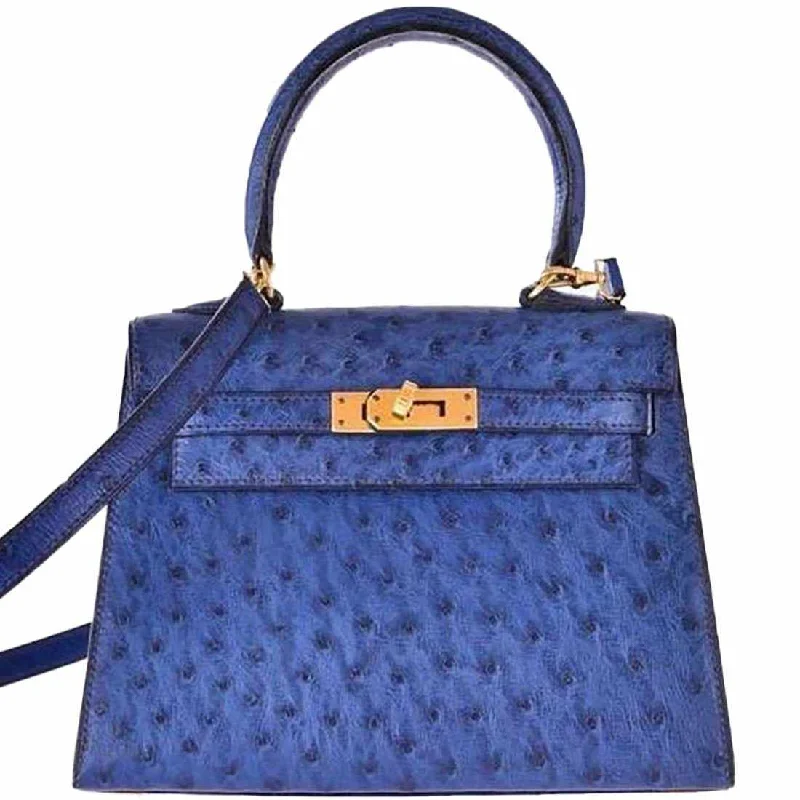 Hermès Kelly Bags with a snap - fastened front pocket for convenienceHermès Kelly Mini 20 Blue Sapphire Ostrich Gold Hardware