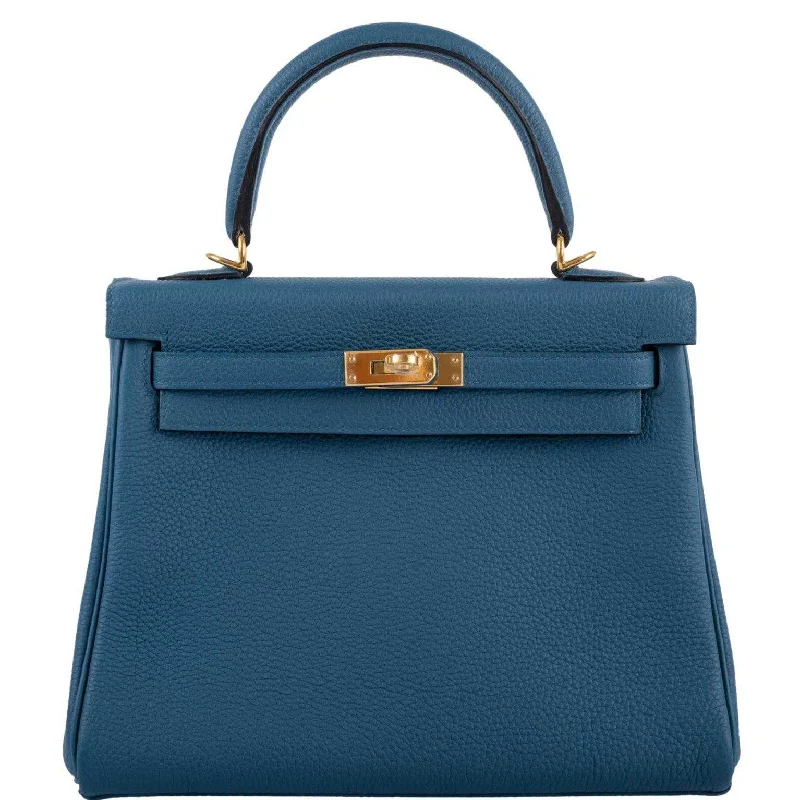 Hermès Kelly Bags with palladium - toned hardware for a modern aestheticHermès Kelly 25 Retourne Blue Colvert Togo Gold Hardware - 2016, X