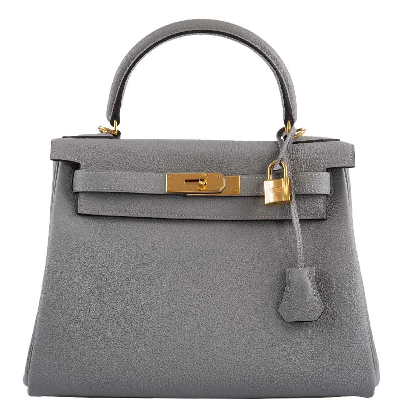 Medium - sized Hermès Kelly Bags in Taurillon Clemence leather for durabilityHermès Kelly 28 HSS Retourne Gris Mouette Togo & Black Interior Gold Palladium Hardware - 2016, X