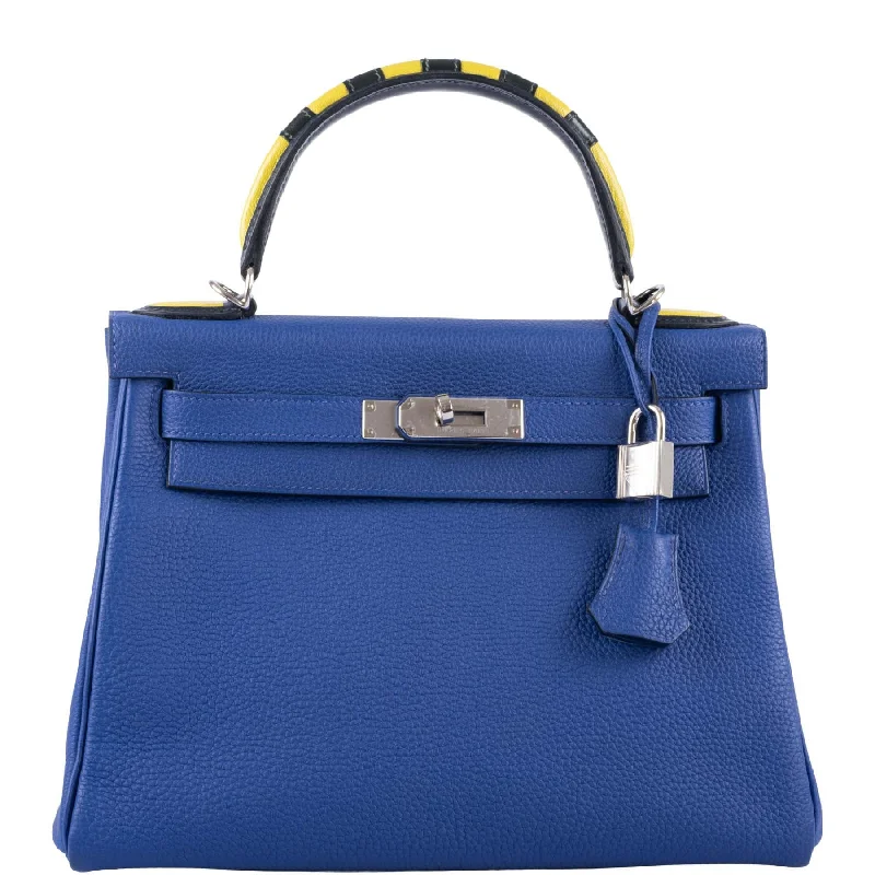 Hermès Kelly Bags in a soft ivory color for an elegant aestheticHermès Kelly 28 Retourne Au Galop Blue Electric, Yellow and Black Togo Palladium Hardware