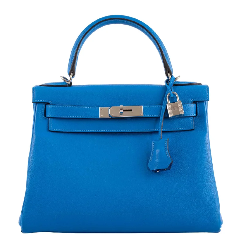 Hermès Kelly Bags with a monogram - embossed leather panelHermès Kelly 28 Retourne Blue Hydra Evercolor leather Palladium Hardware