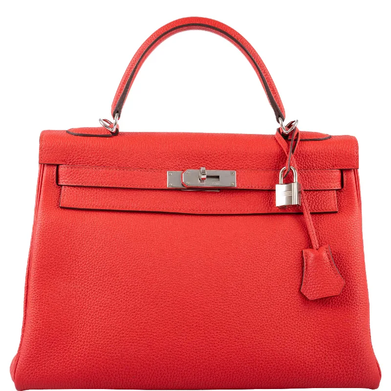 Small - sized Hermès Kelly Bags in Epsom leather for a structured lookHermès Kelly 32 Retourne Rouge de Coeur Togo with Palladium Hardware - 2019, D