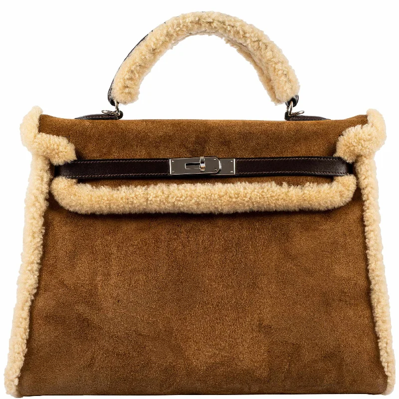 Hermès Kelly Bags with a zip - around interior pocketHermès Teddy Kelly 35 Fauve Doblis Suede and Mouton Shearling Palladium Hardware