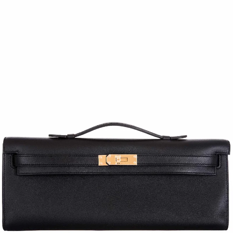 Hermès Kelly Bags with a crystal - embellished turnlock for added luxuryHermès Kelly Cut Clutch Black Swift leather Gold Hardware