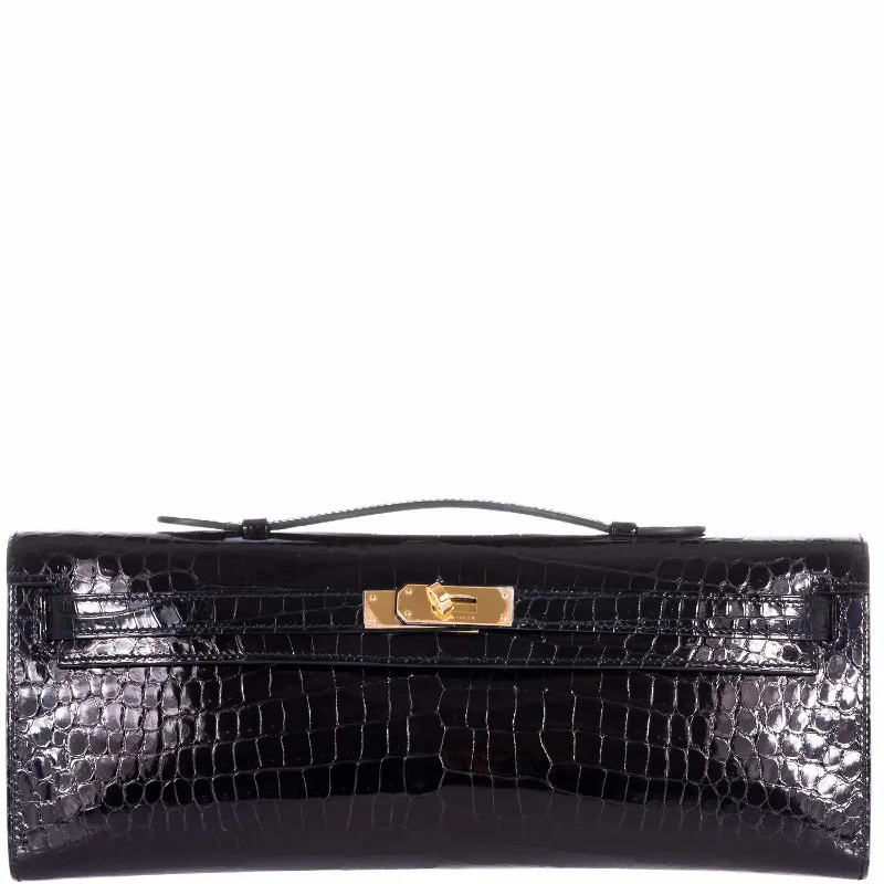 Hermès Kelly Bags with a single - handle design for simplicityHermès Kelly Cut Pochette Black Porosus Crocodile Gold Hardware