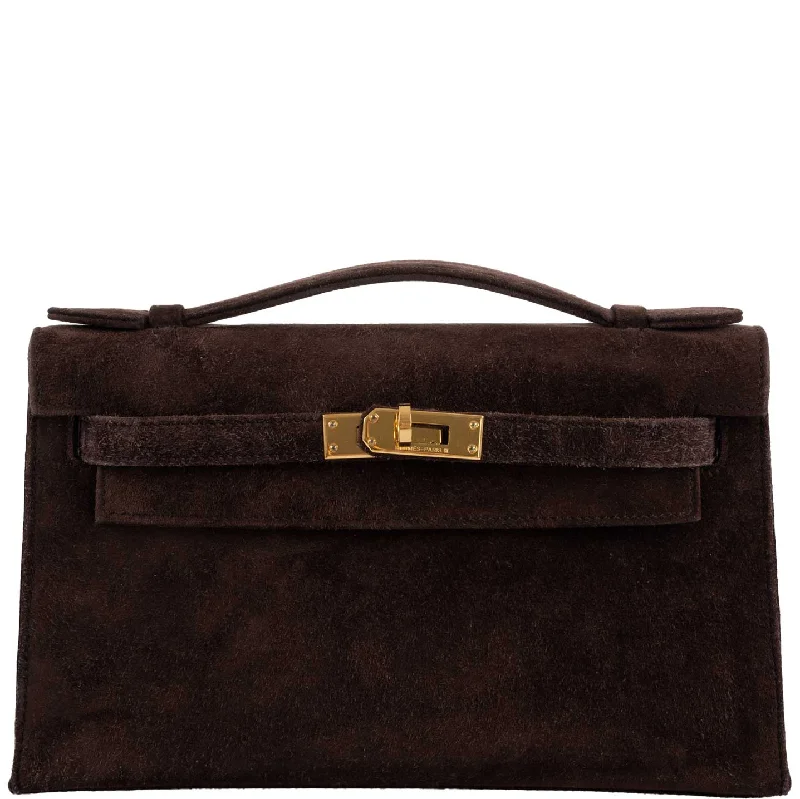 Hermès Kelly Bags with a detachable mirror insideHermès Kelly Pochette Chocolate Veau Doblis Suede Gold Hardware - 2014, R Square