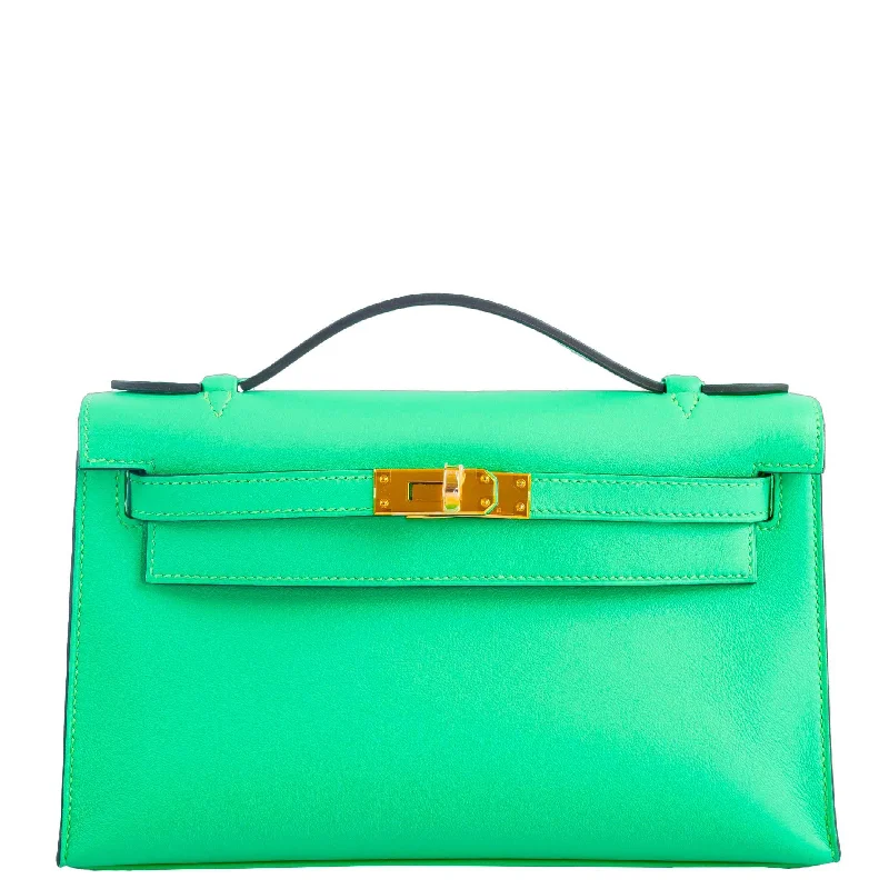 Hermès Kelly Bags with a front - pocket for quick - access itemsHermès  Kelly Pochette Vert Comics Swift Gold Hardware