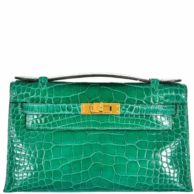 Hermès Kelly Bags in classic black Swift leather for timeless eleganceHermès Kelly Pochette Vert Emerald Alligator Clutch Gold Hardware