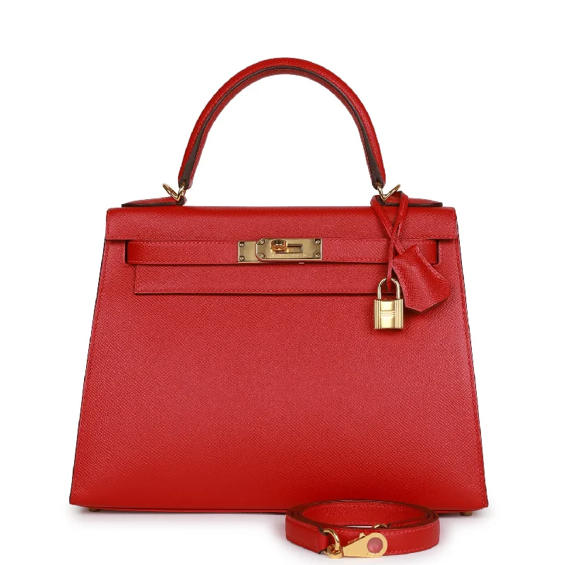 Hermès Kelly Bags with a hand - stitched leather handle for artisanal charmHermes Kelly Sellier 28 Rouge Casaque Epsom Gold Hardware