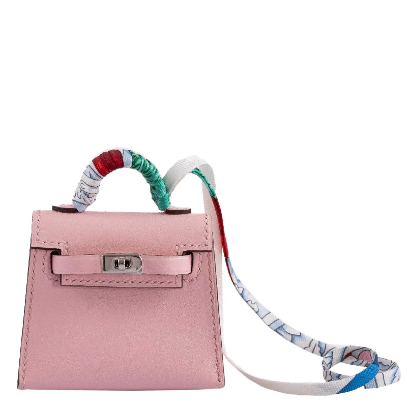 Hermès Kelly Bags in a vibrant electric blue for a pop of colorHermès Micro Kelly Twilly Charm Rose Sakura Tadelakt Palladium Hardware